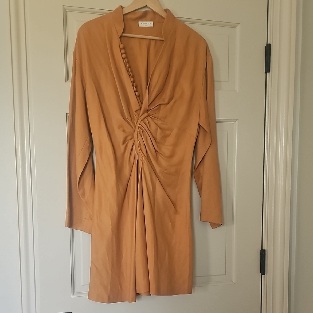 Sandro Orange Ruched Tie Front Long Sleeve Dress